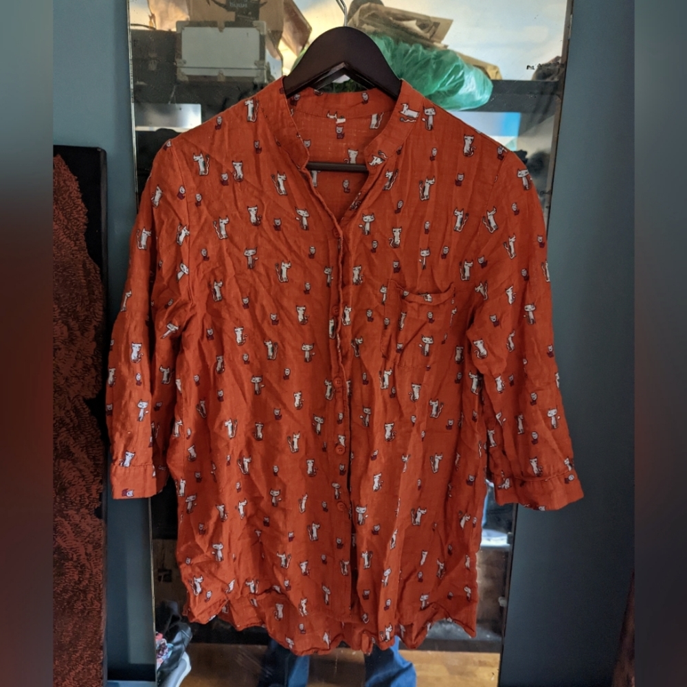 Orange button up 3/4 sleeve lightweight cat print shirt